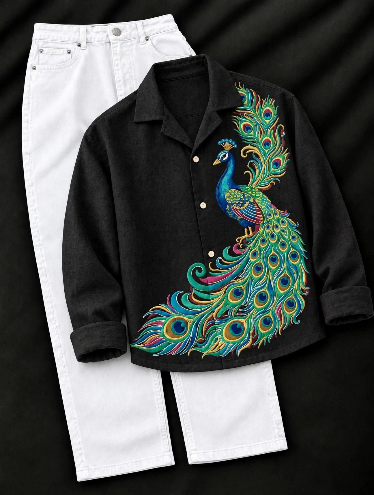 Black Peacock Printed Shirt with White Jeans – A Bold and Artistic Fashion Statement