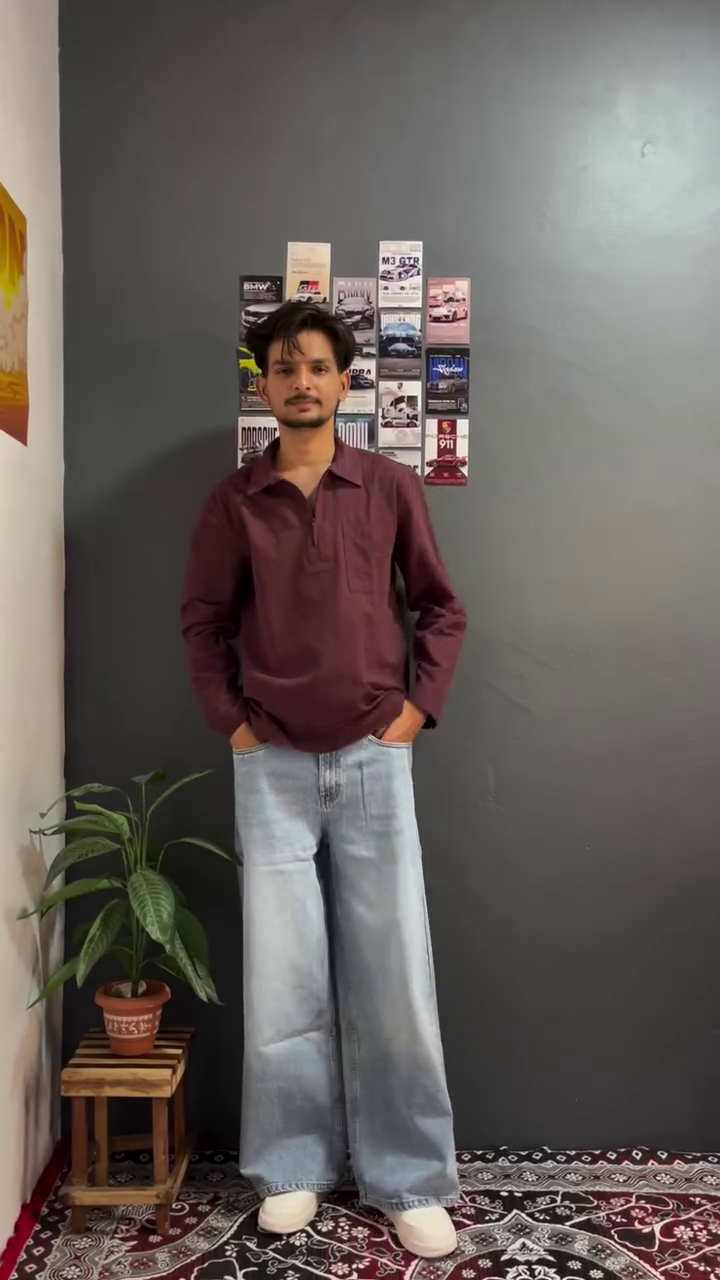 Maroon Oversized Shirt with Light Blue Wide-Leg Jeans – Effortless Streetwear Style